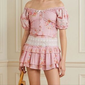 LoveShackFancy Izetta Off Shoulder Cropped Top Gingham Puff Sleeve Embroidered 2